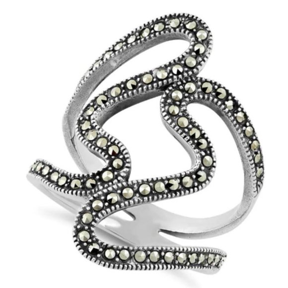 925 STERLING SILVER Modern Curvy Marcasite Statement Ring - Picture 13 of 16
